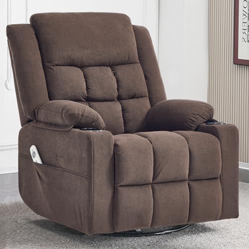 Ketaiyou Rocker Swivel Recliner Chair for Adults, Overstuffed Manual Recliner Glider with Massage and Heat, Comfy Soft Fabric Living Room Reclining Sofa Chair (Cocoa2)