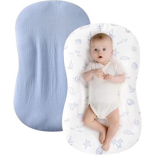 Baby Lounger Cover 2 Pack, 100% Organic Cotton Muslin, Soft & Breathable Newborn Lounger Slipcover, Fits Most Infant Loungers, Machine Washable, Neutral & Cute Designs