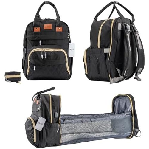 keppii essential™ 3-in-1 Diaper Backpack – Waterproof, USB Port, 16 Pockets & Changing Station | CPC Certified (Black)