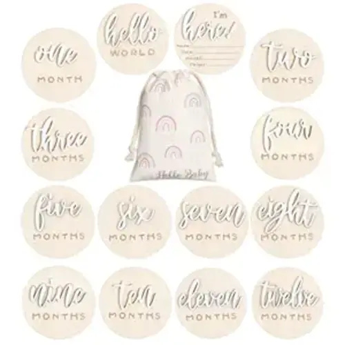 7 Pack 3D Baby Monthly Milestone Card Signs Baby Announcement Sign Double Sided Hello World Newborn Signs Wooden Circles Discs for Welcome Newborn Boy Girl Photo Props(White,Letter)