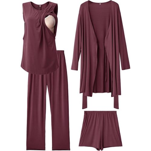Rnxrbb 4 PCS Hospital&Home Nursing Pajamas Robe Set for Postpartum Pajama Maternity Breastfeeding Pj Birth Lounge Clothes,Deep Purple 2XL