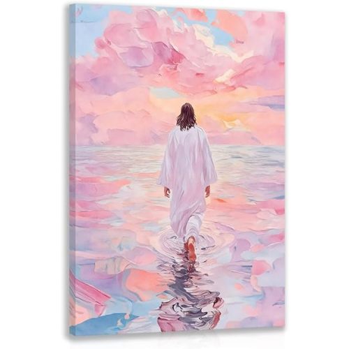 FASWQ Framed Jesus Wall Art, Pink Jesus Walking On Water Wall Decor, Minimalist Religious Savior Canvas Painting, Modern Christian Bible Aesthetic Picture for Church Hospital Prayer Areas 12"x16"