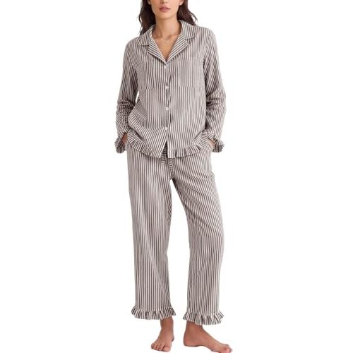 Flygo Womens Striped 2 Piece Pajama Sets Ruffle Cotton Sleepwear | Long Sleeve, Button Down, V Neck Notch Collar, Straight Leg, Elastic Waist with Drawstring Pockets, Cute Y2K Pjs Lounge Sets