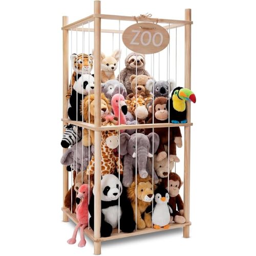 36 Inch Stuffed Animal Storage Zoo, Space Save Cute Zoo Toy Holder with Elastic Cords, Large Capacity Plush Toy Organizer, Wooden Stuffed Animal Holder, Perfect for Nursery Playroom Kidroom
