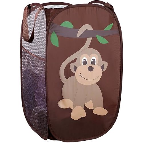 Handy Laundry Collapsible Mesh Pop Up Hamper with Wide Opening and Side Pocket - Breathable, Sturdy, Foldable, and Space-Saving Design for Clothes and Storage (Monkey)