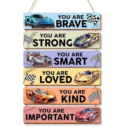 6 Pcs Racing Car Room Decor for Boys,Inspirational Wall Art for Kids Room,Positive Quote Wooden Hanging Signs for Kid Nursery Playroom Classroom Decor