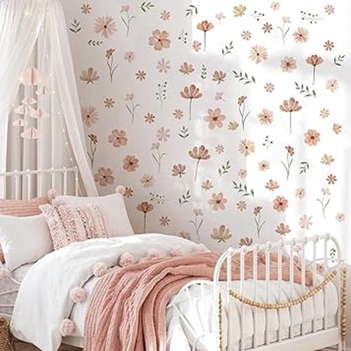 Boho Flower Wall Decals, Daisy Wildflower Wall Stickers Leaf Floral Decor for Girls Bedroom Baby Nursery Kids Room Decor
