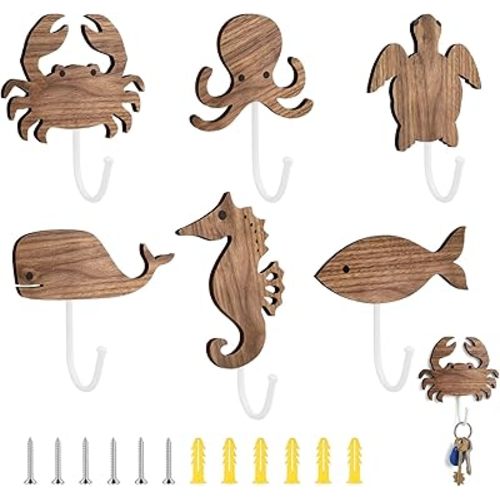 Amyhill 6 Pack Sea Life Wooden Wall Hooks Nautical Nursery Decor Starfish Turtle Ocean Themed Wall Mounted Hooks for Hanging Towels Keys Hats Ideal for Bathroom Entryway Bedroom Coastal Ocean Room