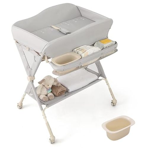 BABY JOY Portable Baby Changing Table, Foldable Diaper Changing Station w/Wheels, Adjustable Height, Large Storage Rack, Water Basin, Safety Belt, Mobile Nursery Organizer for Newborn Infant (Gray)