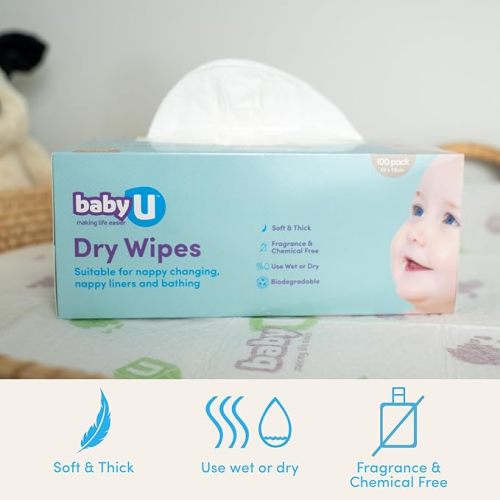 babyU Dry Wipes | Soft & Thick | Fragrance & Chemical Free | Use wet or dry | Biodegradable (6 x 100pk)