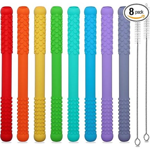 Teething Straws Sticks for Babies 6-12 12-18 Months, 8 Pack Teething Toys 3-6 Months, Silicone Teethers for Babies Toddlers Nursing Biting Chewing, Autism Chew Toys for Sensory Kids Teething Relief