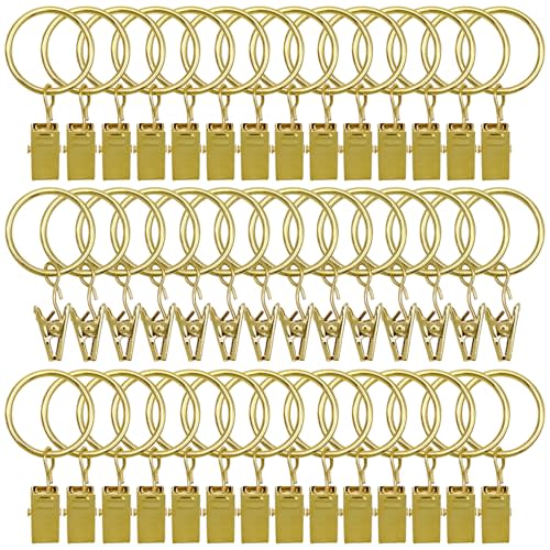 42 Pack Curtain Rings with Clips 1.26" Interior Diameter,Metal Drapery Ring with Clips Compatible with up to 1 inch Drapery Rod,Strong Vintage Decorative Rustproof Drapery Ring with Hooks(Golden)