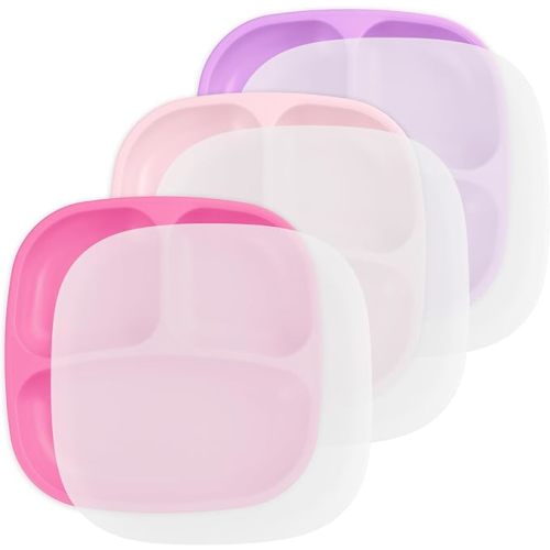 Re-Play Toddler Plates with Dividers - Deep-Walled 3 Compartments Divided Plates for Kids with 3 Lids - Dishwasher & Microwave Safe - Made in USA - Set of 3-7.37" x 7.37" x 1.25" - Princess