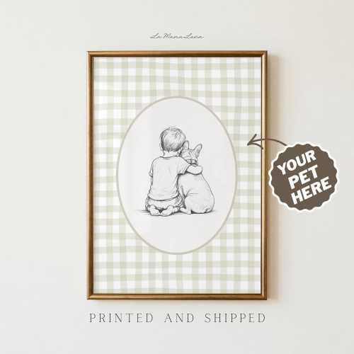 Custom Child and Pet Portrait Print | Personalized Nursery Wall Art, Baby with Dog or Cat, Pet Memorial Gift, Kids Room Decor, Shipped Print