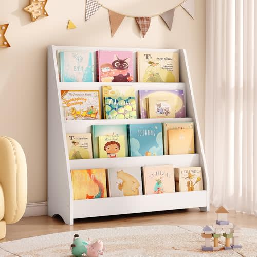 Tatub 4 Tier Kids Wooden Bookshelf for Toddler, White | Toddler Sling Bookcase Montessori Bookshelf, Children Front Facing Book Shelf for Nursery, Playroom and Classroom