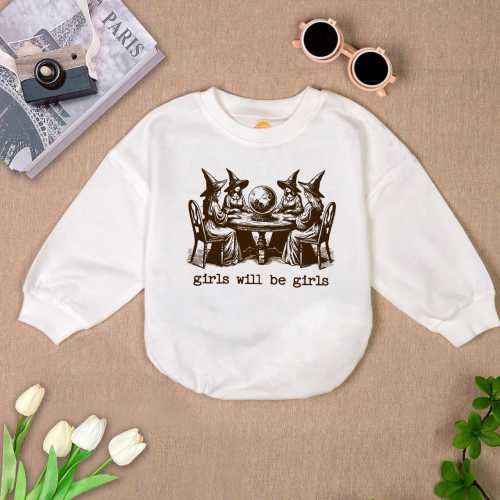 Witch Baby Romper Sweatshirt: Girls Will Be Girls Halloween Outfit