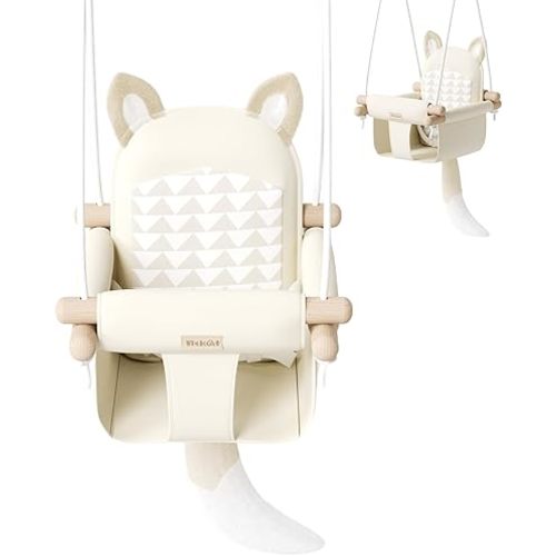 Wooden Hanging Baby Swing with Soft Safety Belt, Cozy Infant Swing Seat for Indoor & Outdoor Use, Adjustable Height, Includes Mounting Hardware – Suitable for Babies & Toddlers(Fox-Themed in Beige)