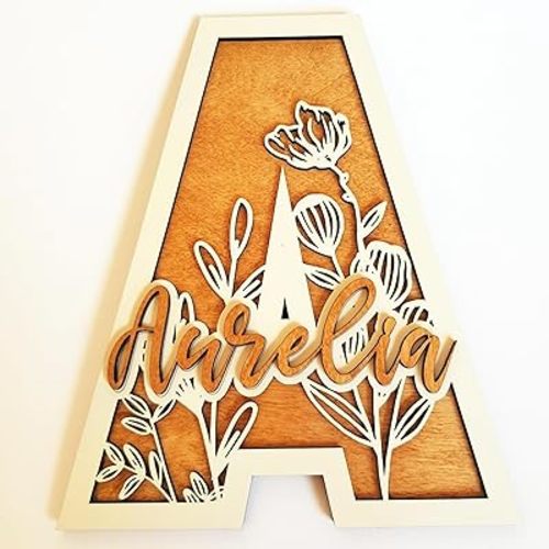 Custom Boho Wood Personalized Initial & Name Sign,3D Wooden Layered Handmade Letter Wall Decor for Nursery or Child's Bedroom, Rattan Flower Baby Shower Newborn Girl or Boy's Birthday Gift