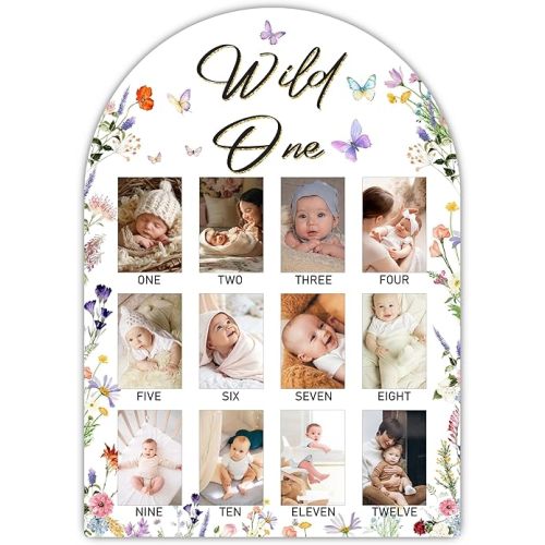 Wild One My First Year Photo Board, Wildflower Baby Milestone Signs for Boys Girls Nursery Decor, 12 Month Wooden Picture Board for 2x3 Photos, Best Babies Keepsake Gifts-A19