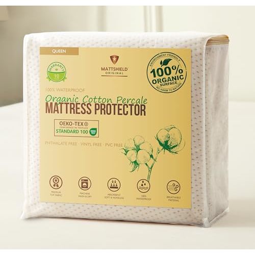 Deluxe Cooling Organic Percale Mattress Protector Queen Size - 100% Waterproof - Crisp, Breathable Percale Feel - OCS Certified 280GSM 3D Air-Knit Breathable Mattress Pad - Noiseless Deep Pocket