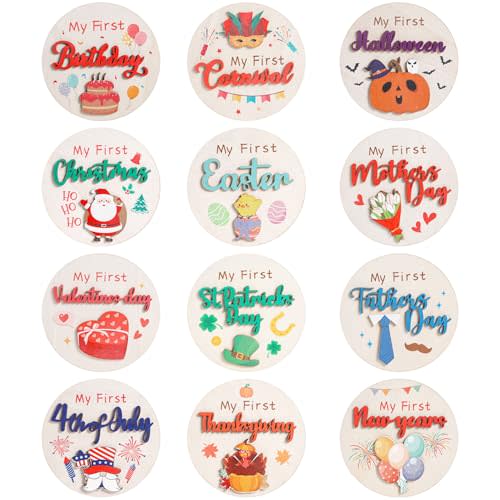 Deorfuy My First Holiday Milestone Signs, 12PCS Baby Holiday Milestone Double-Deck Cards, Wooden Discs Announcement Sign Newborn Photo Props for Baby Shower Party Supplies Gift