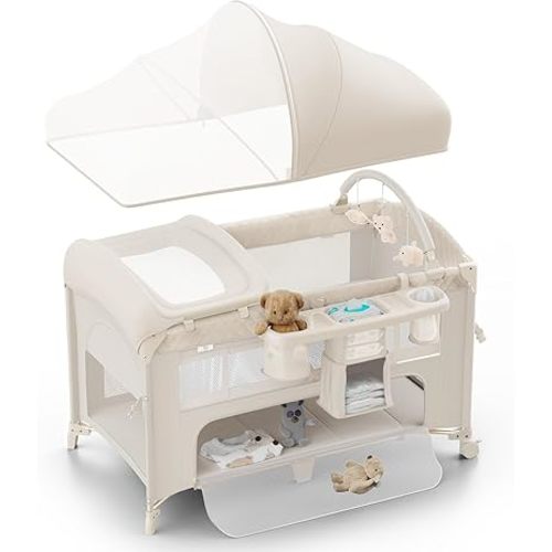 4 in 1 Baby Bassinet, Pack and Play, Bedside Crib Sleeper, Diaper Changer - Comes with Mattress, Mosquito Net, Bottom Storage and Toy Bar for Newborn to Toddles