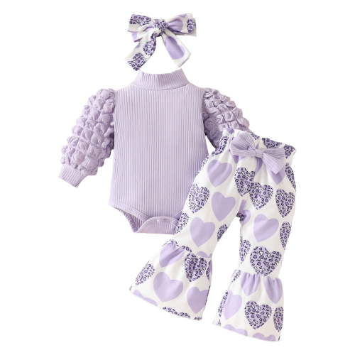 Wxirdiow Newborn Girl Outfits Baby Girl Outfit Heart Letter Puff Long Sleeve Romper Pants And Headband Cute Valentine Clothes Light Purple Size,12-1 Months