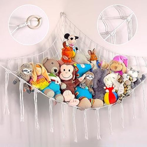 Large Stuffed Animal Hammock Corner - Stuffed Animal Storage - 100% Natural Cotton Macrame Stuffed Animal Net - Stuff Animal Organizer - Net For Stuffed Animals Corner Large-Beige