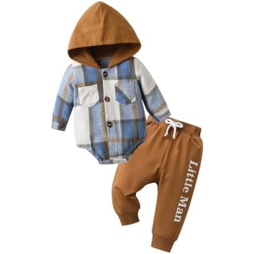 Newborn Infant Baby Boy Clothes Little Man Long Sleeve Button Down Plaid Hoodie Romper Pants Fall Winter Outfits
