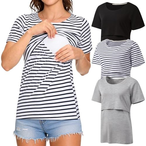 3 Pack Women's Nursing Tops, Breastfeeding Shirts Short Sleeve, Double Layer Maternity Clothes