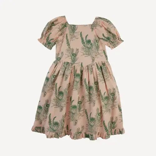 puff sleeve v-waist princess dress | green proteas | organic cotton gauze