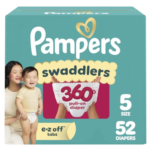 Pampers Diapers - Swaddlers 360° - Size 5, 52 Count, up to 100% Leakproof Comfy Dry Fit, Designed for Easy Changes, Pull On Baby Diaper