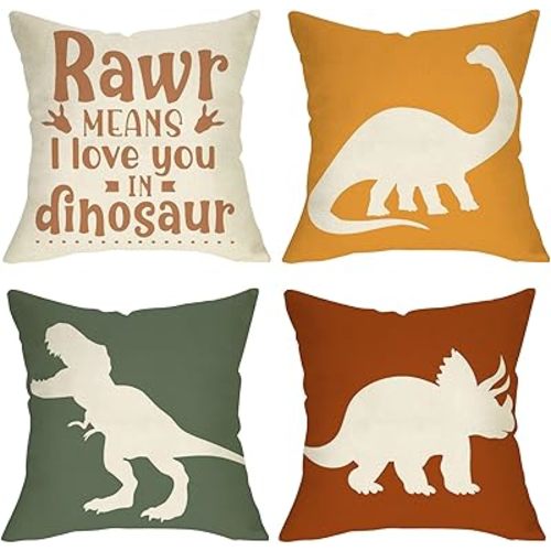 Dinosaur Rawr Means I Love You Home Decorative Throw Pillow Cover Set of 4, Inspirational Quote Cushion Case 18x18 for Boy Kid, Bedroom Nursery Sofa Couch Decor Dino Baby Shower Decoration Gifts