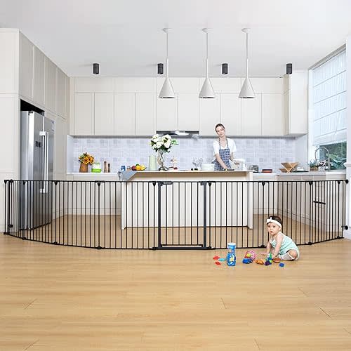 COMOMY 198" Baby Gate Extra Wide, Dog Gate Pet Gate for House Stairs Doorways Fireplace, 3 in 1 Play Yard Child Safety Gate, Auto Close, Hardware Mounted (30" Tall, Black)