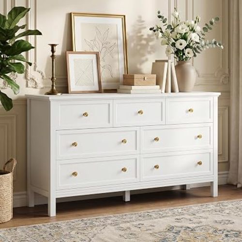 White Dresser for Bedroom with Gold Handle Modern 7 Drawer Dresser, Wood Chest of Drawer Closet Clothes Storage Organizer for Living Room, Hallway, TV Stand, 55 Inch