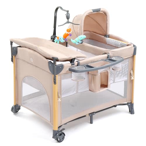 JOYMOR 7 in 1 Bedside Bassinet with Changing Table, All in One Nursery Center, Bedside Sleeper with Mattress, Sheet, Canopy, Storage Shelf (Beige)
