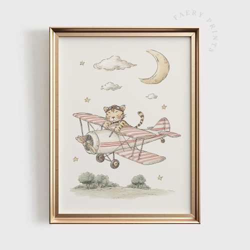 Airplane Nursery Wall Art: Cat Flying Vintage Plane Illustration | Neutral Aviation Baby Room Decor | Storybook Digital Download