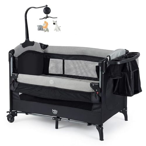 BABY JOY 5-in-1 Pack and Play, Baby Bedside Sleeper with Bassinet, Portable Baby Playard with U-Shaped Diaper Changer, Safety Strap, Multifunction Baby Bassinet Bedside Crib from Newborn to Toddlers