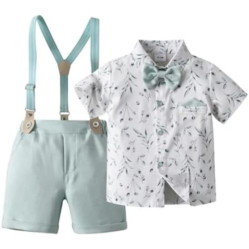 Boarnseorl Baby Boys Gentleman Outfits Shorts Sets,Infant Shirt + Shorts + Bow Tie + Suspenders