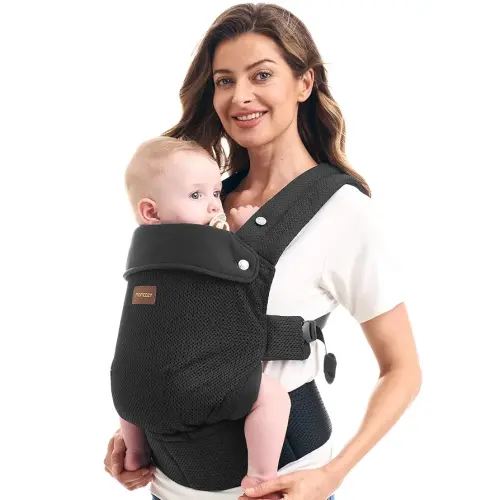 Momcozy Breathable Baby Carrier, Ergonomic and Lightweight Infant Carrier for 7-45lbs with Enhanced Lumbar Support, All Day Comfort for Hands-Free Parenting, Air Mesh-Deep Black