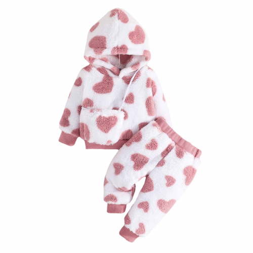 Baby Girl Outfits Winter Thickened Love Print Plush Long Sleeve Hooded Tops Pants Bag Baby Girl Clothes Pink 6 Months-9 Months