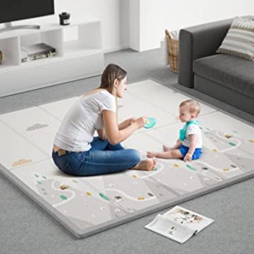 ZEEBABA Baby Play Mat, 59"x59" Foldable & Reversable Large Baby Mat, 0.4" Thick Waterproof Foam Play Mat, Baby Activity Tummy Time Mat, Foam Play Mat for Babies and Toddlers, for 59 inch Playpen