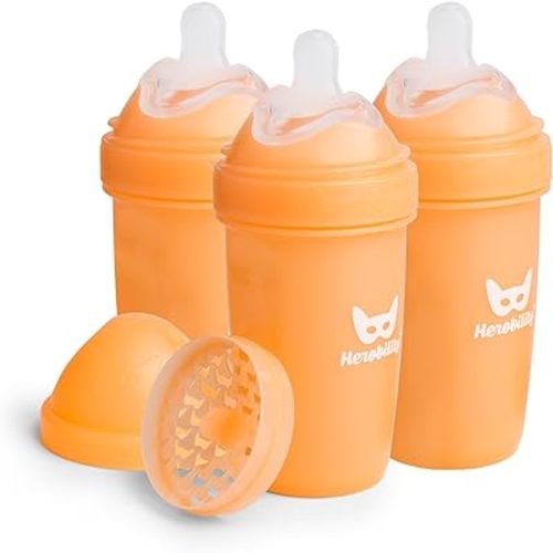 Herobility Anti-Colic Baby Bottles 8.5 fl oz/240ml - Pack of 3 Plastic Baby Bottles, Medium Flow Plastic Bottles, Breast-Shaped Teat for Breastfed Babies, Small Baby Bottles, Swedish Design, Peach