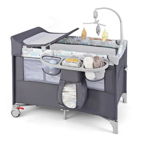 BABY JOY 5-in-1 Pack and Play, Portable Baby Bedside Sleeper with Bassinet, U-Shaped Diaper Changer, Safety Strap, Side Zipper Entrance, Foldable Bedside Crib Playard for Newborn to Toddlers (Gray)