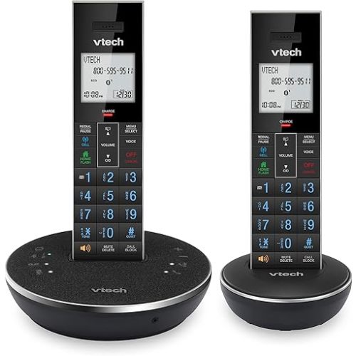 VTech LS6381-2 Bluetooth Speaker with Echo Cancellation, Noise Reduction, Music Streaming, PC/Landline/Cellular Calls, Paired with DECT6.0 Cordless Handset, Answering System, Smart Call Blocker,Black