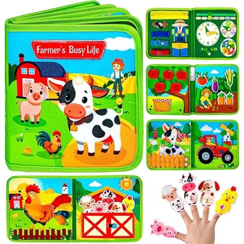 Quanquer Montessori Busy Book for Toddlers 1-3 - Farm Animal Sensory Busy Board for 1 Year Old Boys and Girls, Educational Travel Toy for Airplane Car Activities, Birthday Christmas Toddler Gifts