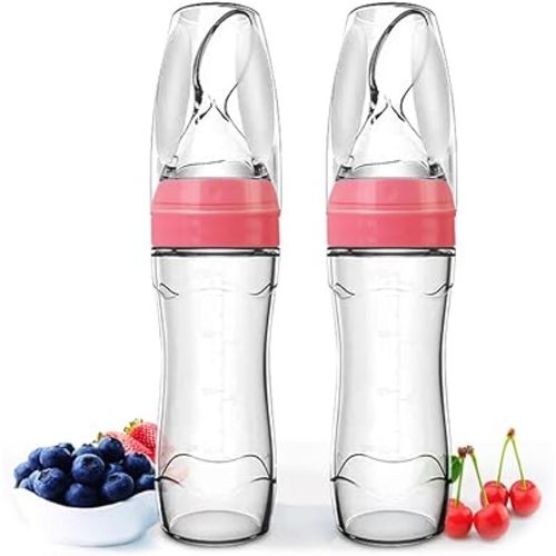 Matyz 2 PCS Silicone Baby Food Dispensing Spoon (Pink, 4oz/120ml) Squeeze Feeder with Spoon - Spoon Bottle for Baby - Baby Spoon Feeder Bottle Baby Solid Food Feeder - Ideal for 4 Months+ Babies