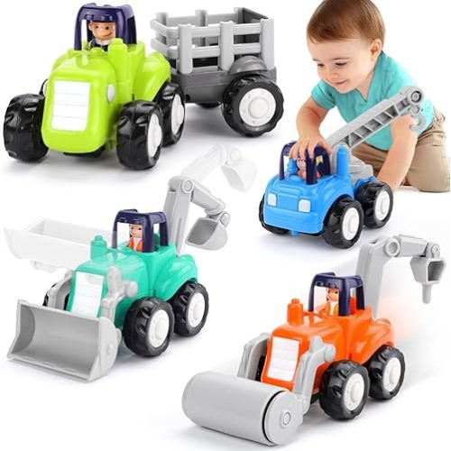 Inertia Trucks Toy Cars, Early Educational Baby Boy Toys 18 Months, Push and Go Cars Gifts for Boys & Grils, 4PCS Construction Vehicles for Toddler Outdoor & Indoor
