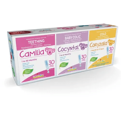 Boiron Baby Box – This gift set contains one box each of Camilia, Cocyntal, and Coryzalia, with 30 doses per product.
