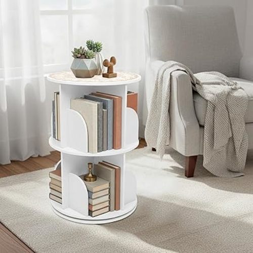 2 Tier Rotating Bookshelf Tower, Revolving 360 Book Shelf Narrow Tall Bookcase, Revolving Bookcase,Stackable Round Bookshelf Organizer,Corner Book Shelf for Small Space (White, 2-Tier)